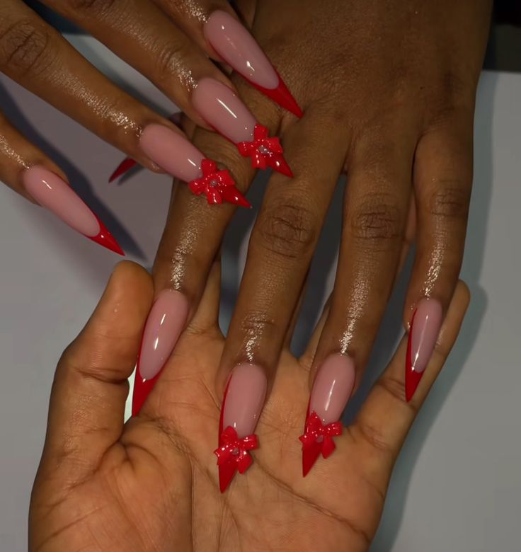 Stiletto Valentine Nails, Stiletto Nails With Initials, Red Nails Stiletto Long, Red Pointy Nails Design, Red Stilleto Acrylics, Red Stilleto French Tip, Red Steletoes Nails, Stiletto Red Nails Design, Christmas Nail Designs Stiletto