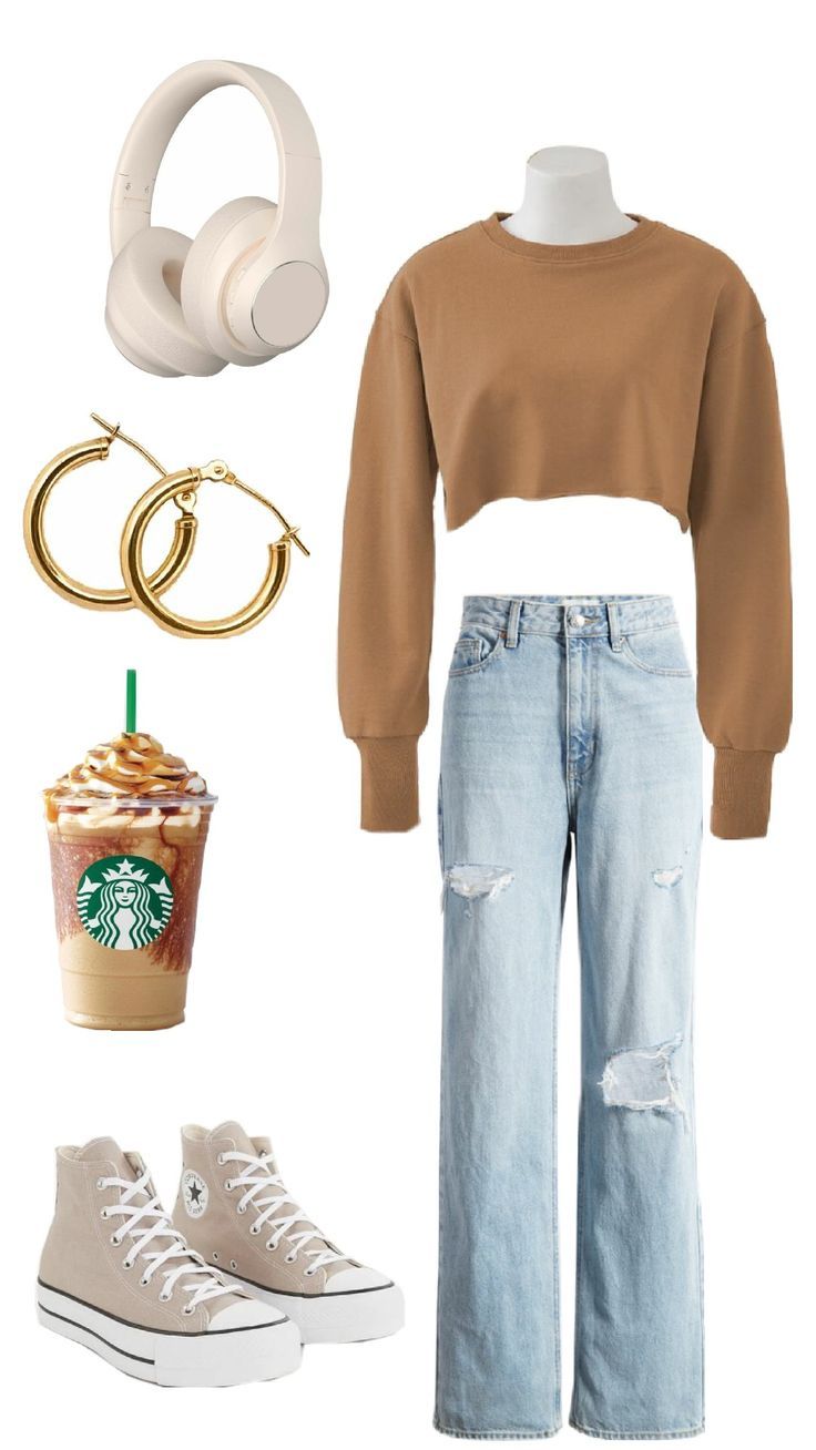 All you need is : a pair of light blue jeans , a brown top , headphones, converse , jewellery of your choice and you're ready to grab you coffe while being aesthetic Light Brown Converse, Brown Top Outfit, Being Aesthetic, Light Blue Jeans Outfit, Light Brown Top, Autumn Outfit Inspo, Brown Converse, Blue Jean Outfits, Light Blue Jeans