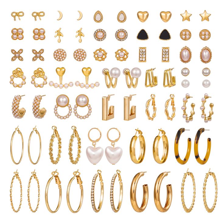 PRICES MAY VARY. 🖤Assorted Earrings Pack: A pack includes 36 pairs assorted earrings-a variety of studs and hoop earrings set.The versatile sizes make it great for multiple piercings and assorted styles help you to match various styles of dresses 🖤Comfortable to Wear: These cute studs are made of hypoallergenic alloy material, lead and nickel free, very friendly to sensitive ears, lightweight and comfortable to wear 🖤Suit for Any Occasions: Geometric studs are simple but cool and stylish. Pea Double Piercing Earrings Studs, Gold Earrings Dainty, Cute Earrings Aesthetic Gold, Earring Brands, 3 Piercings Ear, Cheap Gold Hoop Earrings With Charms, Clean Girl Earring Stack, Gold Earring Pack, Earrings Packs