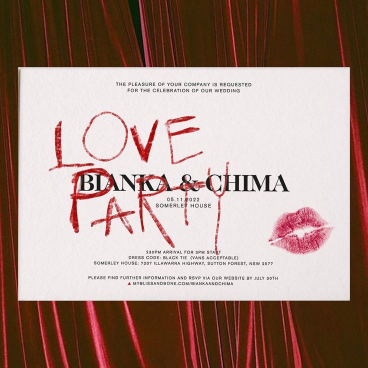 love, banka & chima movie poster with lipstick on the screen and red curtains