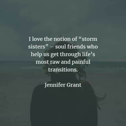 a person standing on top of a beach next to the ocean with a caption that reads, i love the nation of'storm sisters - soul friends who help us get through life's most raw and painful