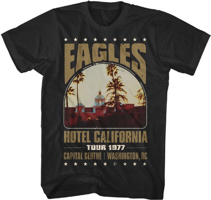 Rocker Rags - Eagles Classic Rock 'n Roll Band Concert T-shirt - Hotel California Tour 1977 Capital Centre Washington D.C. Show | Men's Black Vintage Shirt, $24.00 (http://www.rockerrags.com/eagles-classic-rock-n-roll-band-concert-t-shirt-hotel-california-tour-1977-caital-centre-washington-d-c-show-mens-black-vintage-shirt/) Vintage Rock T Shirts, Eagles Hotel California, Neo Grunge, Eagles Band, Vintage Band T Shirts, Design Jersey, Tokyo Street Fashion, Classic Rock And Roll, Vintage Band Tees