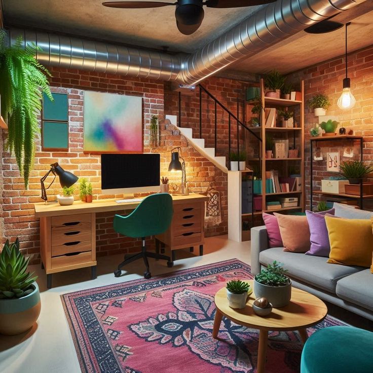 a living room filled with furniture and a colorful rug on top of a wooden floor