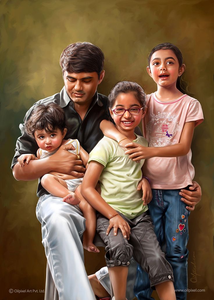 an oil painting of a family posing for a photo with their child's arms around them