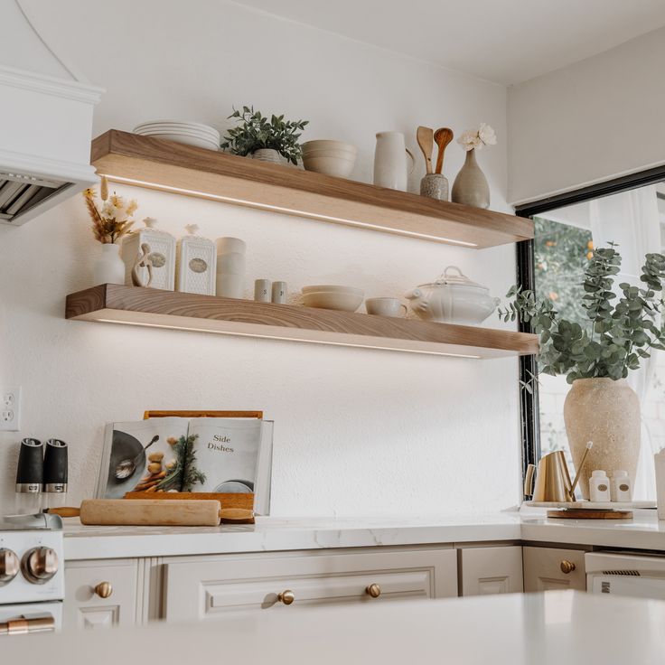 the kitchen counter is clean and ready to be used for cooking or serving dishes,