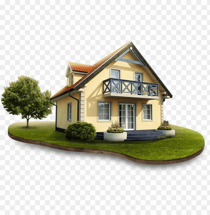 a small house on an island with grass and trees in the foreground, hd png