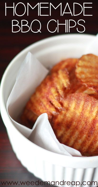 homemade bbq chips in a white bowl on a wooden table with text overlay