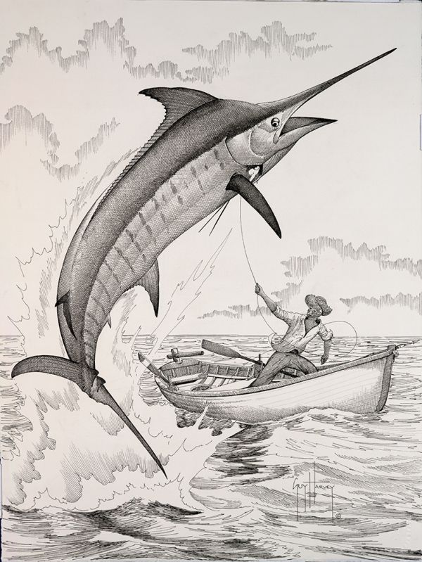 a drawing of a man in a boat with a marlin