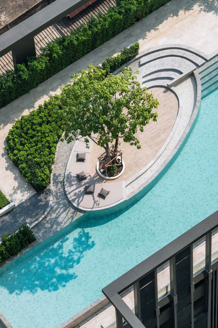 an aerial view of a swimming pool and trees