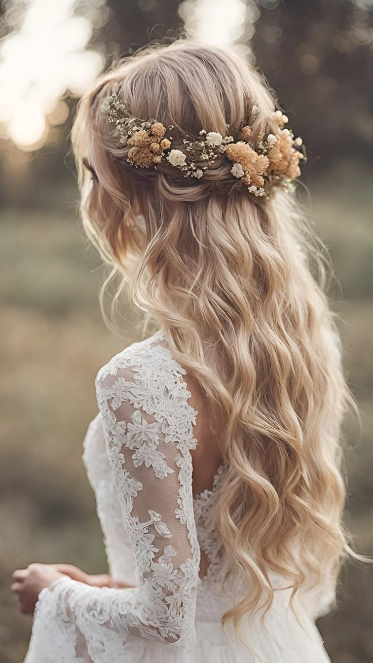 a woman with long blonde hair wearing a white dress and flower crown in her hair