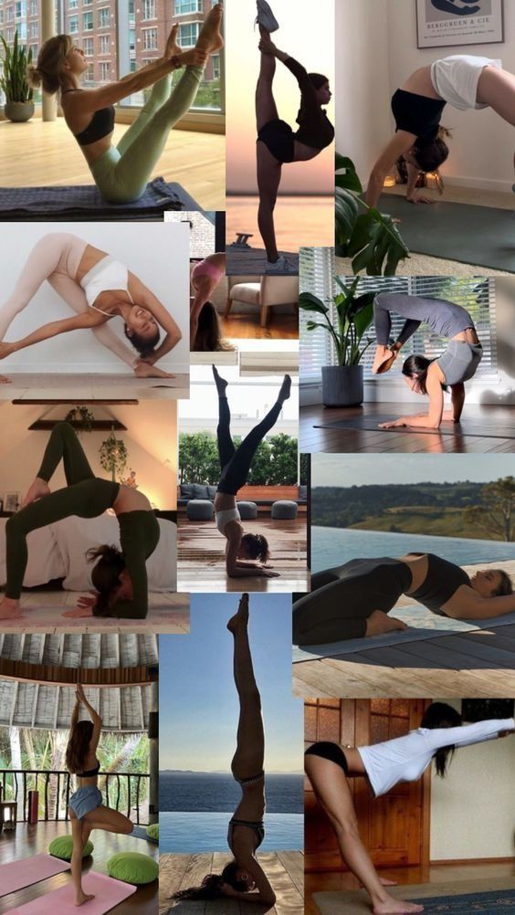 a collage of yoga poses, including one woman in the middle with her arms and legs up