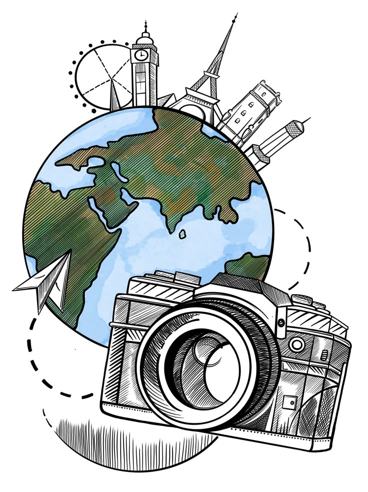 a camera and some buildings on top of the earth with an arrow pointing to it