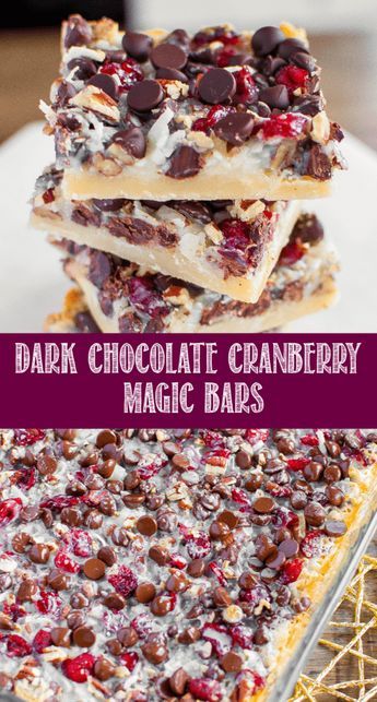 chocolate cranberry magic bars stacked on top of each other with text overlay