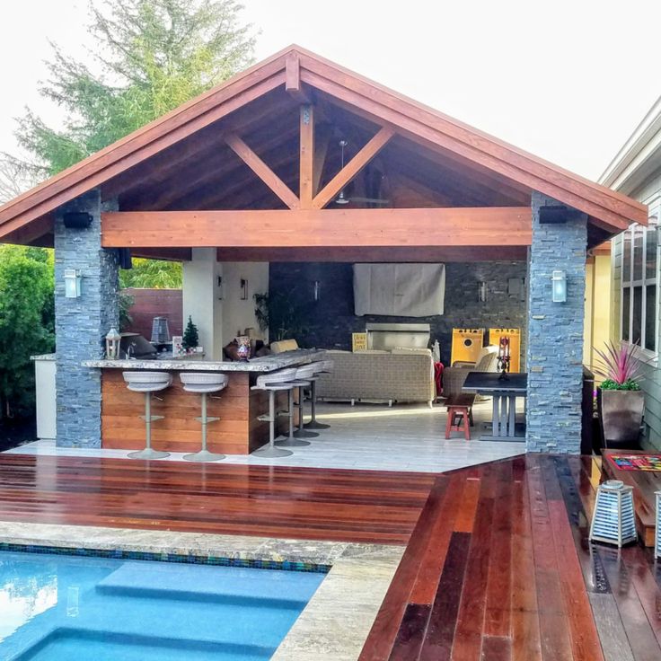 an outdoor kitchen and dining area next to a swimming pool in a backyard with wooden decking