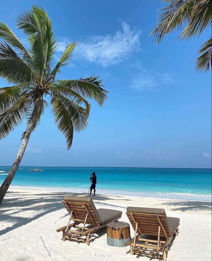 two lounge chairs sitting on top of a sandy beach next to the ocean and palm trees