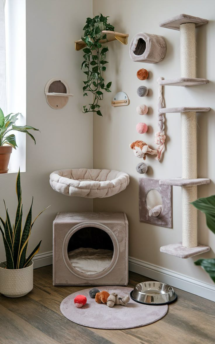 a cat house with various items on the floor next to it and a potted plant