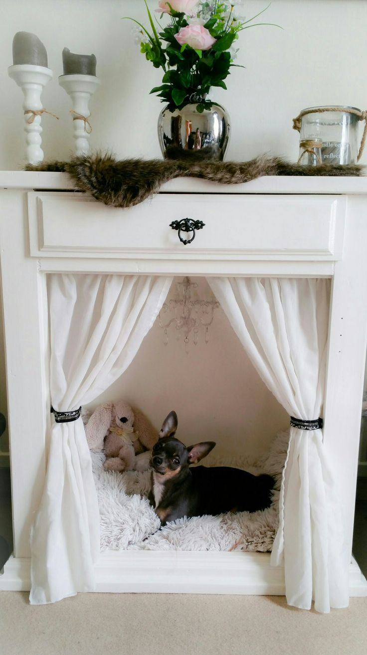 two small dogs are laying in a white dog bed under a table with flowers on it