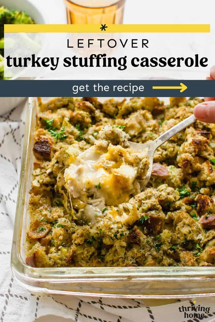 a casserole dish with turkey stuffing in it and a spoon scooping from the casserole