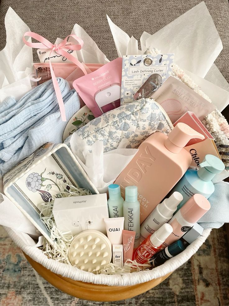 a basket filled with personal care items on top of a rug