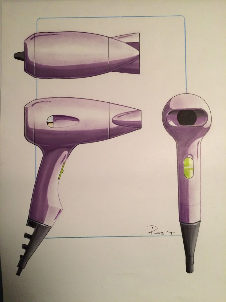 a purple hair dryer sitting on top of a white wall next to a pen