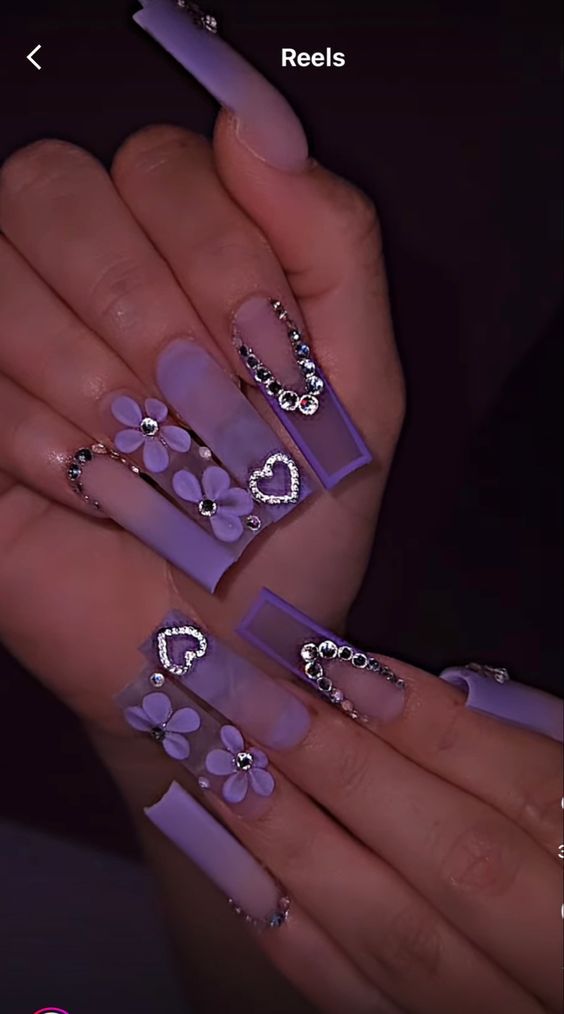 Nail Designs Bling, Quinceanera Nails, Purple Nail Art, Purple Acrylic Nails, Purple Nail Designs, Fancy Nails Designs, Nails Design With Rhinestones, Purple Nail, Girly Acrylic Nails