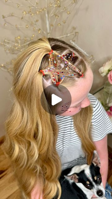 Jenna McDaniel- Girl’s Hairstyles on Instagram: "⭐️ Honoring and remembering all of the fallen heroes & their families this Memorial Day. 🇺🇸 ❤️🤍💙🇺🇸  Today we did a simple glittered star! Pay attention to the elastic placements so you get a nice sharp star. If you don’t have glitter you could totally braid the strands for extra detail. This one is so fun for all of the festive activities this summer!   ✨ glitter from @glitterbyvee ❤️red elastics from @theponypick  use code: “hair20” for a discount" Cute Fourth Of July Hairstyles Short Hair, Star Fourth Of July Hair, Star In Hair Kids, Girls Star Hairstyle, Fun 4th Of July Hairstyles, Fourth Of July Girls Hair, Star 4th Of July Hair, 4th Of July Hairstyles Star, 4thof July Hairstyles