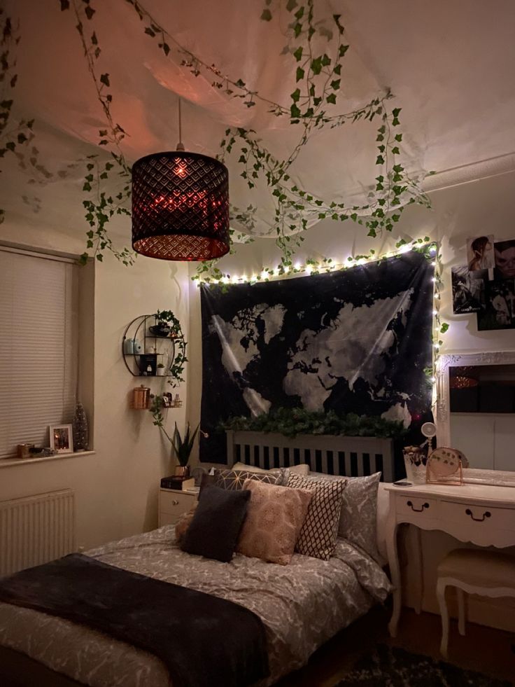 a bedroom with plants hanging from the ceiling