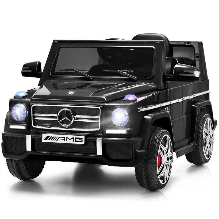 a black mercedes g - class style ride on toy car with lights and sound effects