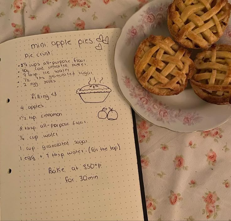 three pies on a plate next to an open recipe book and notebook with handwritten instructions