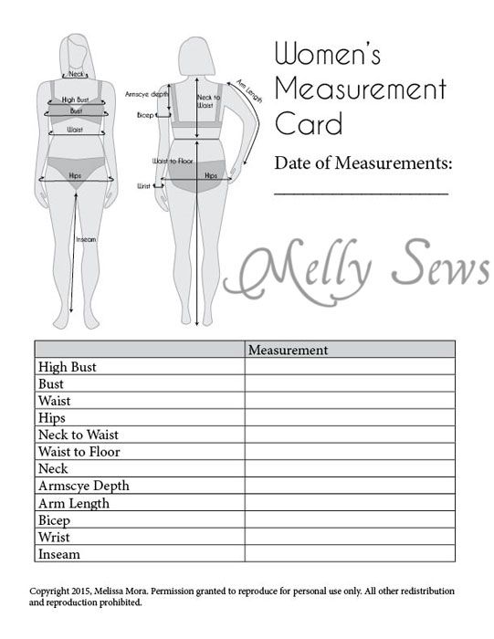 women's measurement card with measurements and measurements