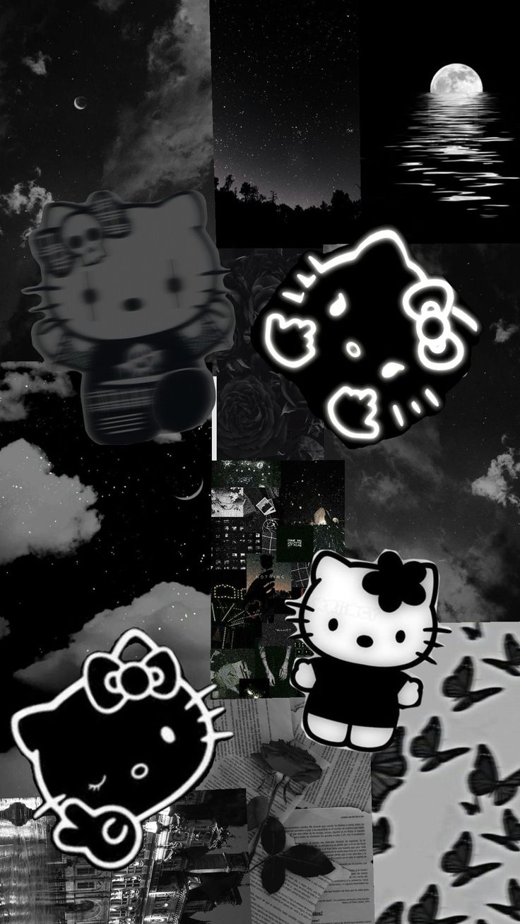 some black and white pictures with hello kitty on them in the night sky, clouds and stars