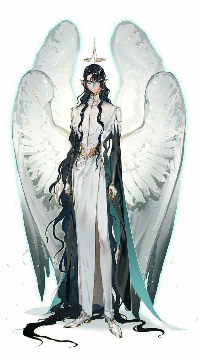 an angel with long black hair and white dress standing in front of two large wings