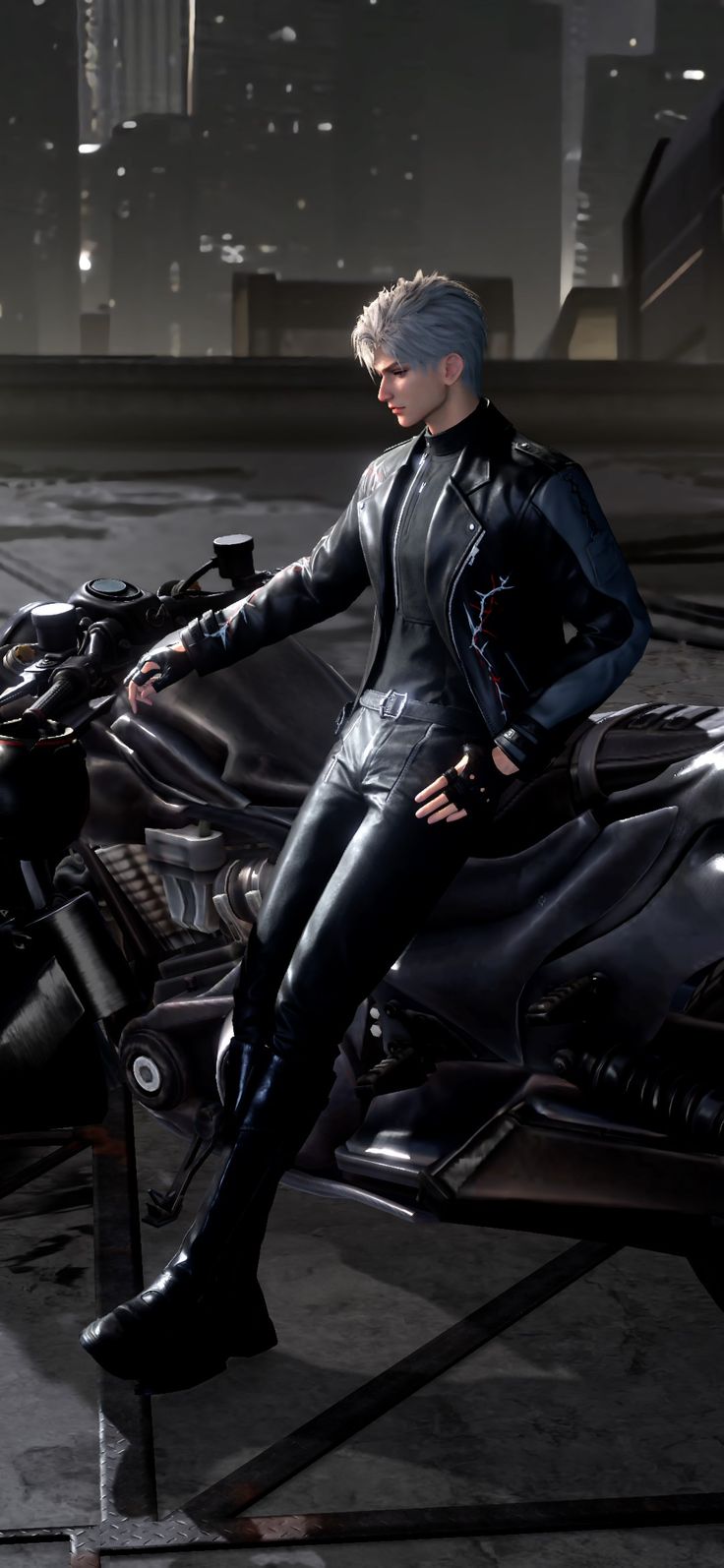 a woman sitting on top of a motorcycle in front of a cityscape at night