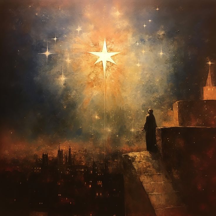 a painting of a man standing on top of a building with a star above him