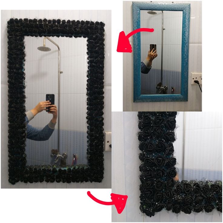 a person taking a selfie in front of a mirror with black beads on it