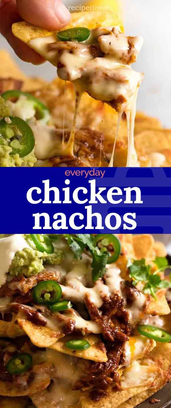 the chicken nachos are loaded with cheese, sauce and green peppers on top