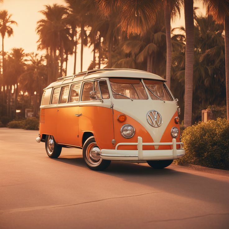 an orange and white vw bus parked on the street with palm trees in the background