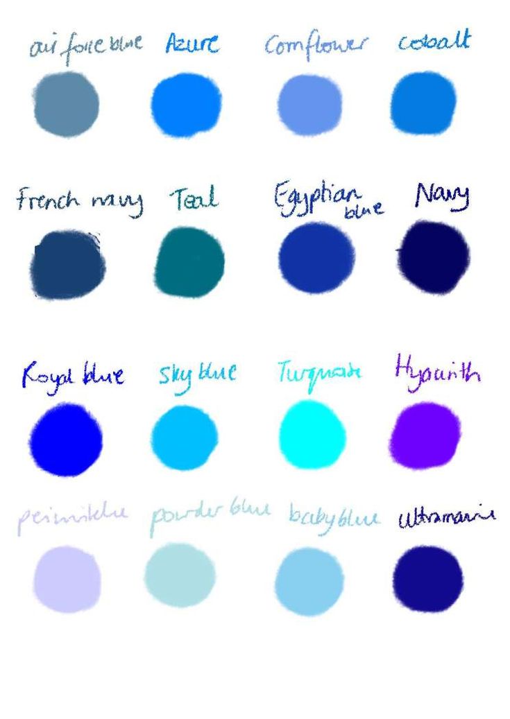 the shades of blue and purple are shown in this image, with different names on them