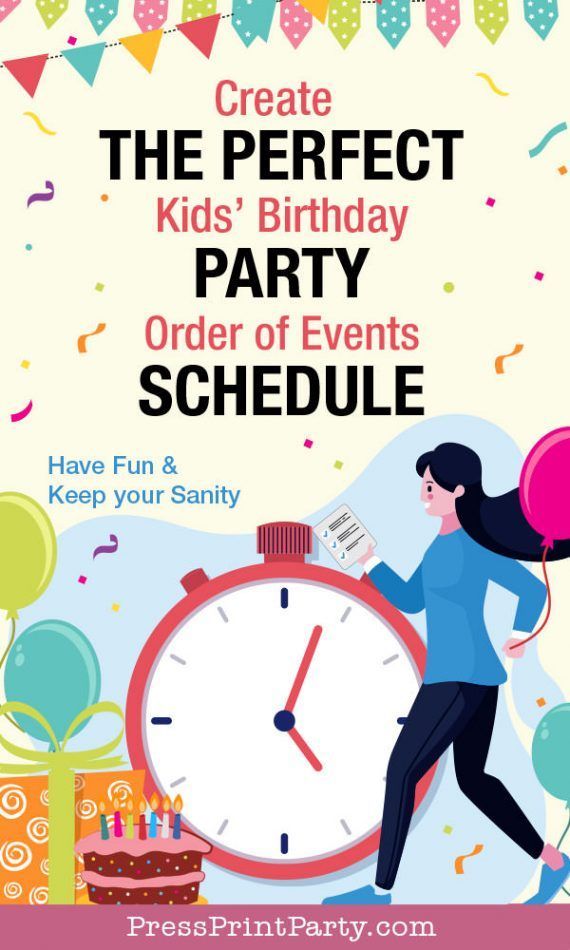 a birthday party poster with a girl running towards a clock