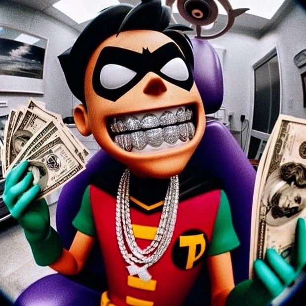 a cartoon character holding money in his hands and wearing a mask on top of it