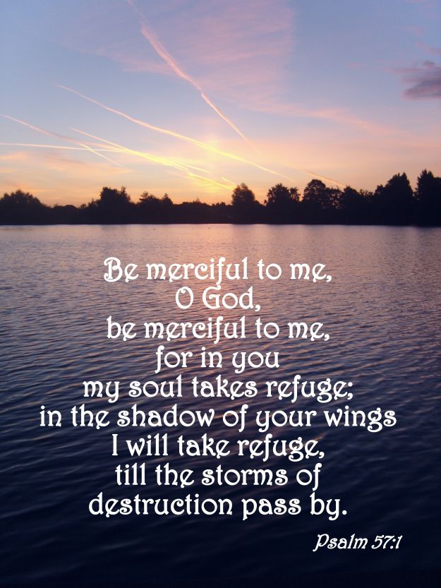 an image of a sunset over water with the words be merciful to me, o god