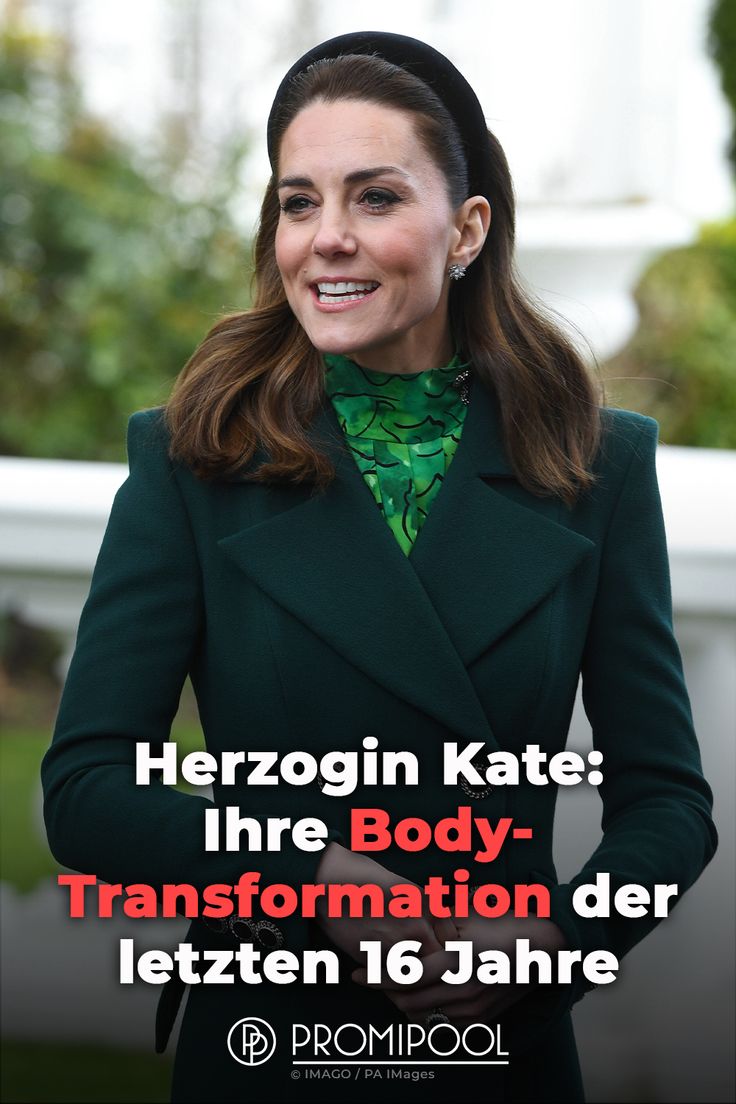 a woman wearing a green coat and black hat with the words herzogin kate ihr body - transformation der letten 16 jahre