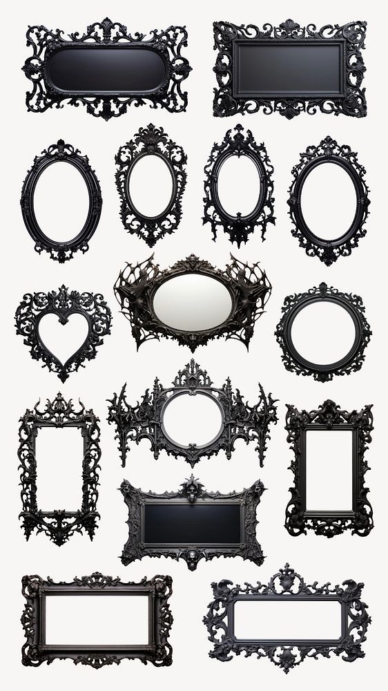 an assortment of ornate frames and mirrors on a white background, each with different designs