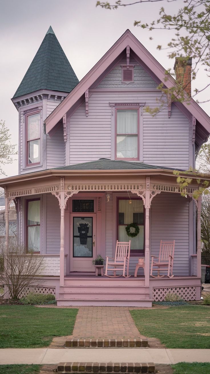 a pink house with two porches and chairs on the front lawn in front of it