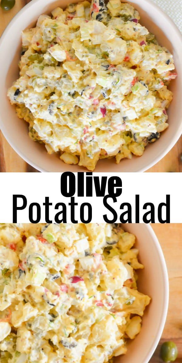 two bowls filled with potato salad on top of a wooden table