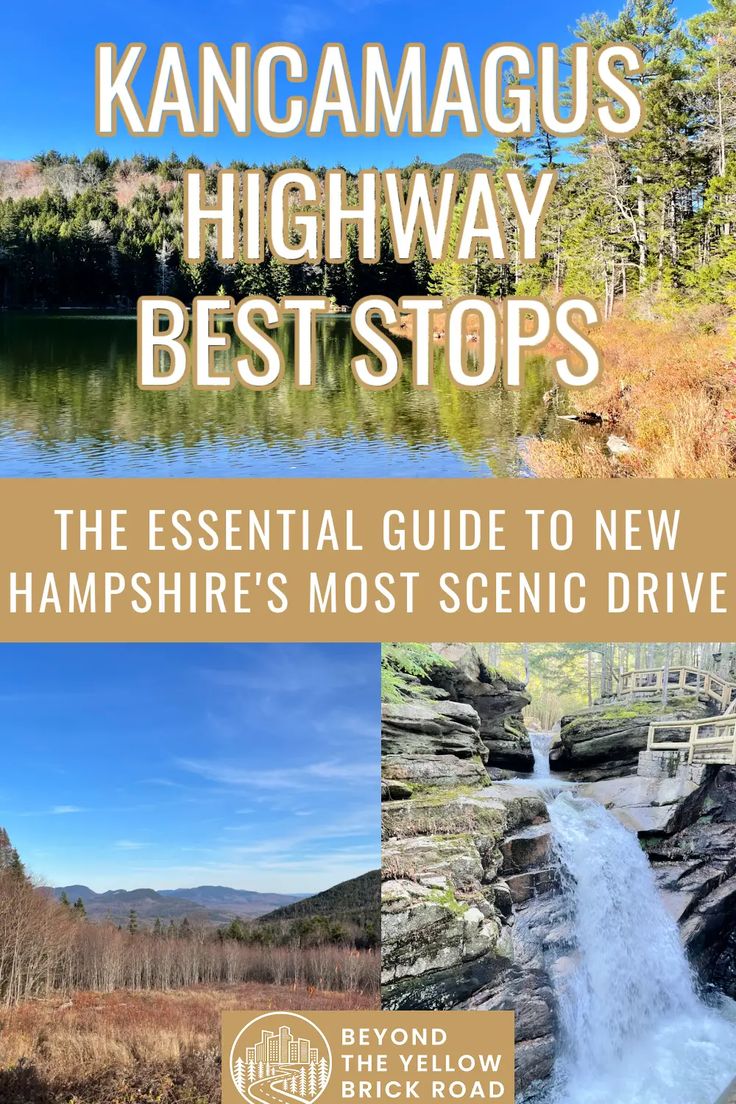 the cover of kancamagus highway best stops, with images of waterfalls and trees