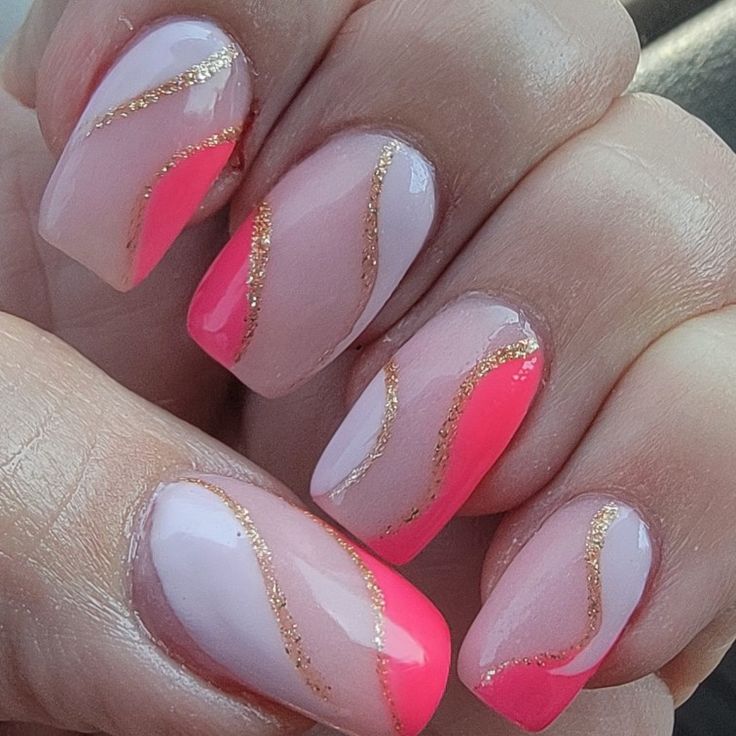 Milky White And Hot Pink Nails, Cute Hot Pink Acrylic Nails, Summer Acrylic Nails Pink And White, Hoco Nails For Hot Pink Dress, Hot Pink With Gold Nails, Hot Pink Graduation Nails, Hot Pink And Silver Nails Prom, Prom Nails With Pink Dress, Gold And Hot Pink Nails