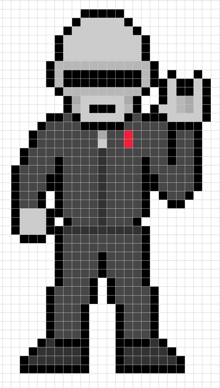 a pixellated image of a man in black and white with a red dot on his face