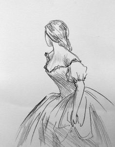 a drawing of a woman in a dress with her back to the camera, looking down