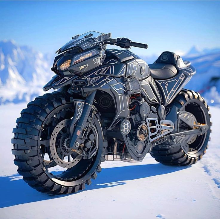 a futuristic motorcycle parked in the snow on top of a snowy hill with mountains in the background